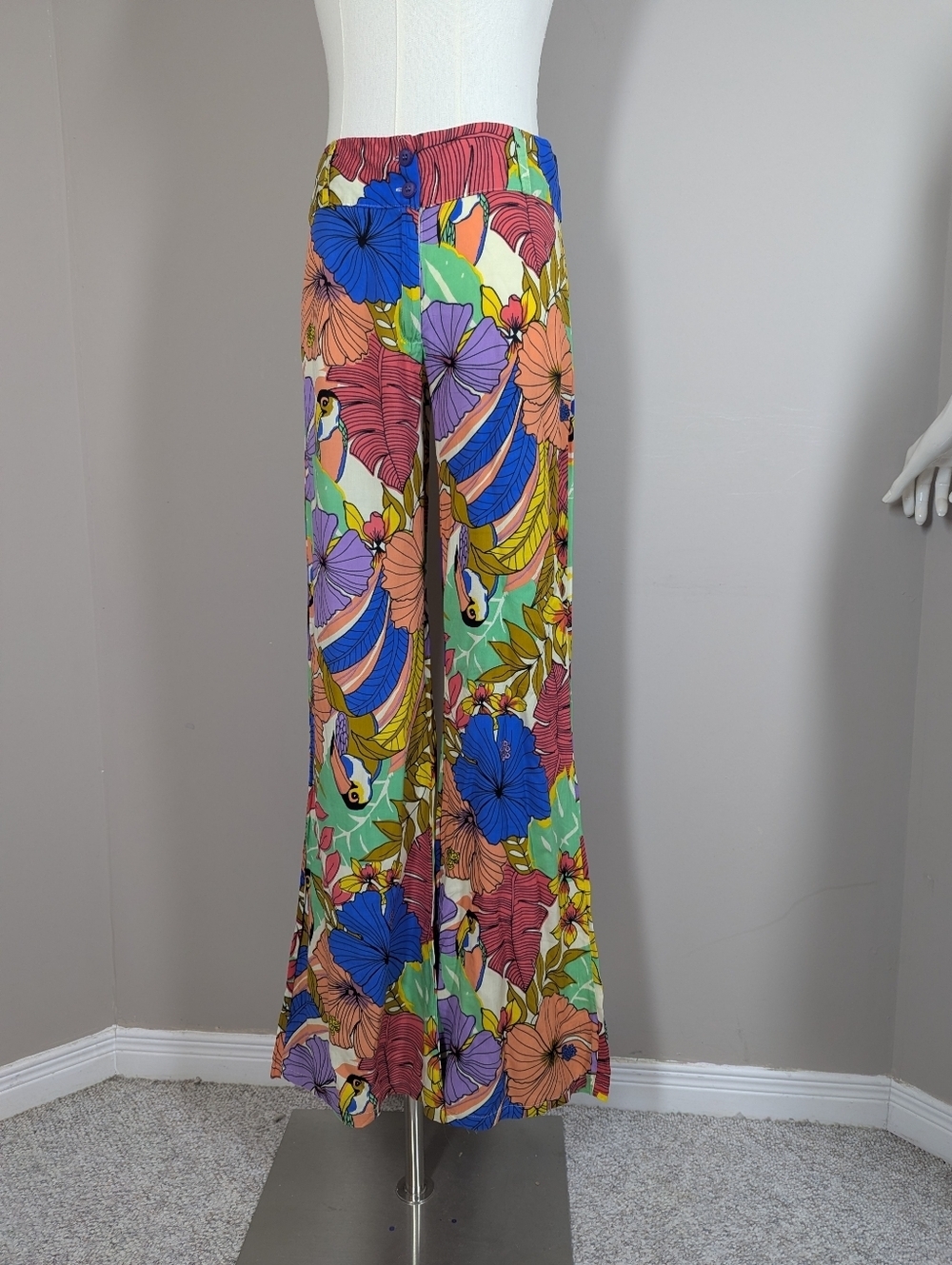 Vintage Tropical Wide Leg Pants Floral Parrot Print Low Rise Flared Boho Resort